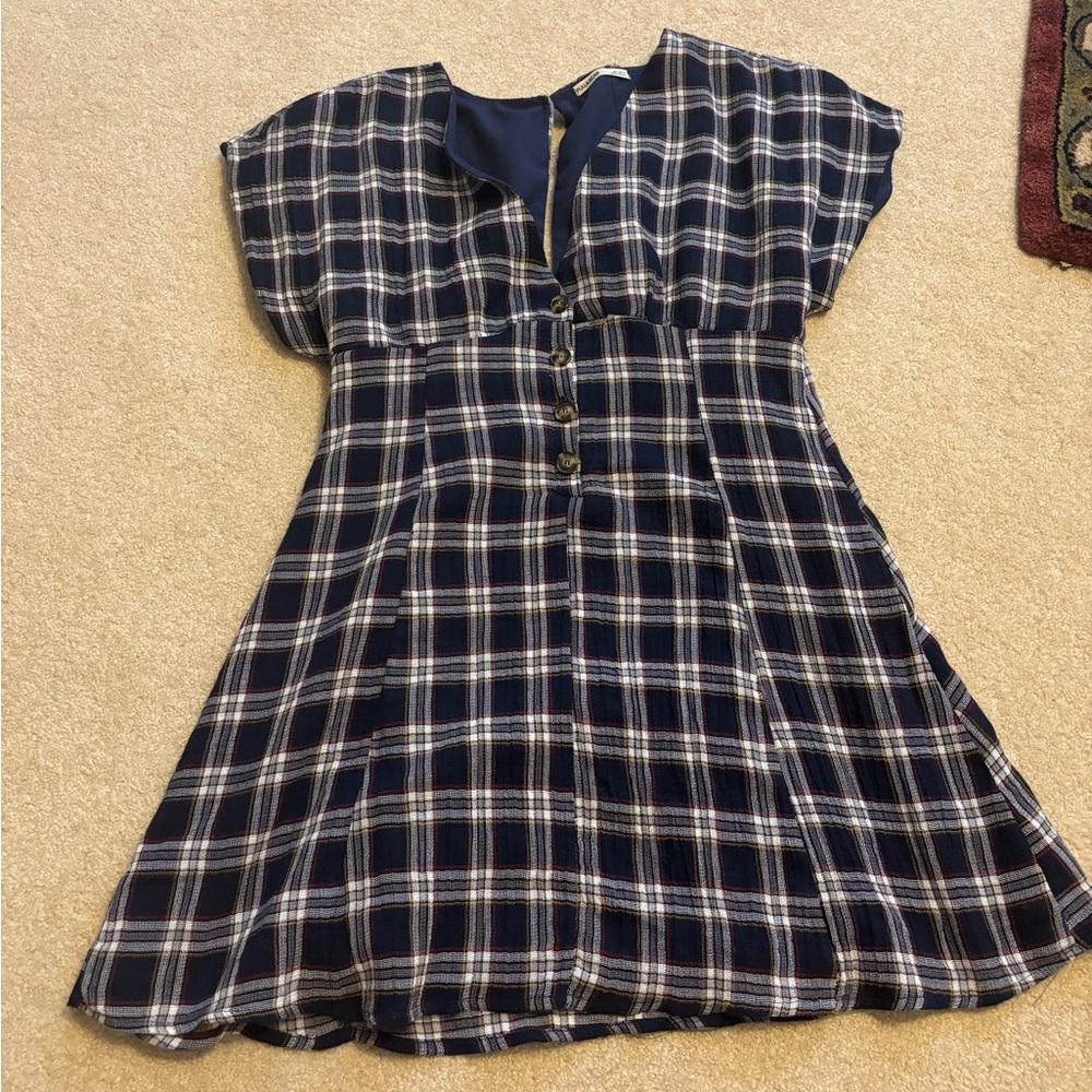 Pull&Bear Checkered Flutter Sleeve A-Line Dress with Button Front